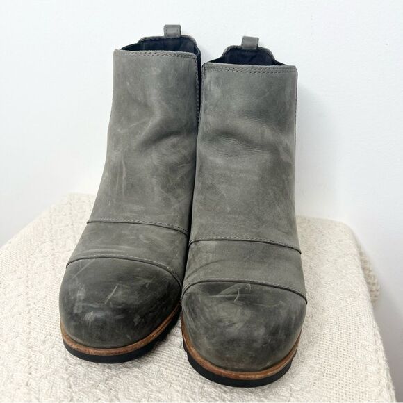 Sorel Lea leather wedge ankle boot booties gray factory distressed round toe - Picture 3 of 9